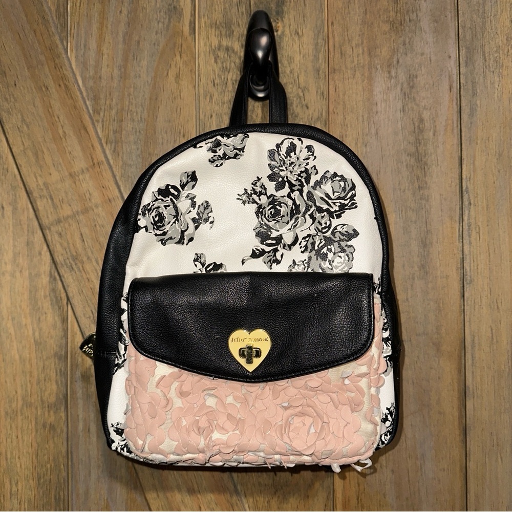 Betsey Johnson Black and Pink Floral Backpack